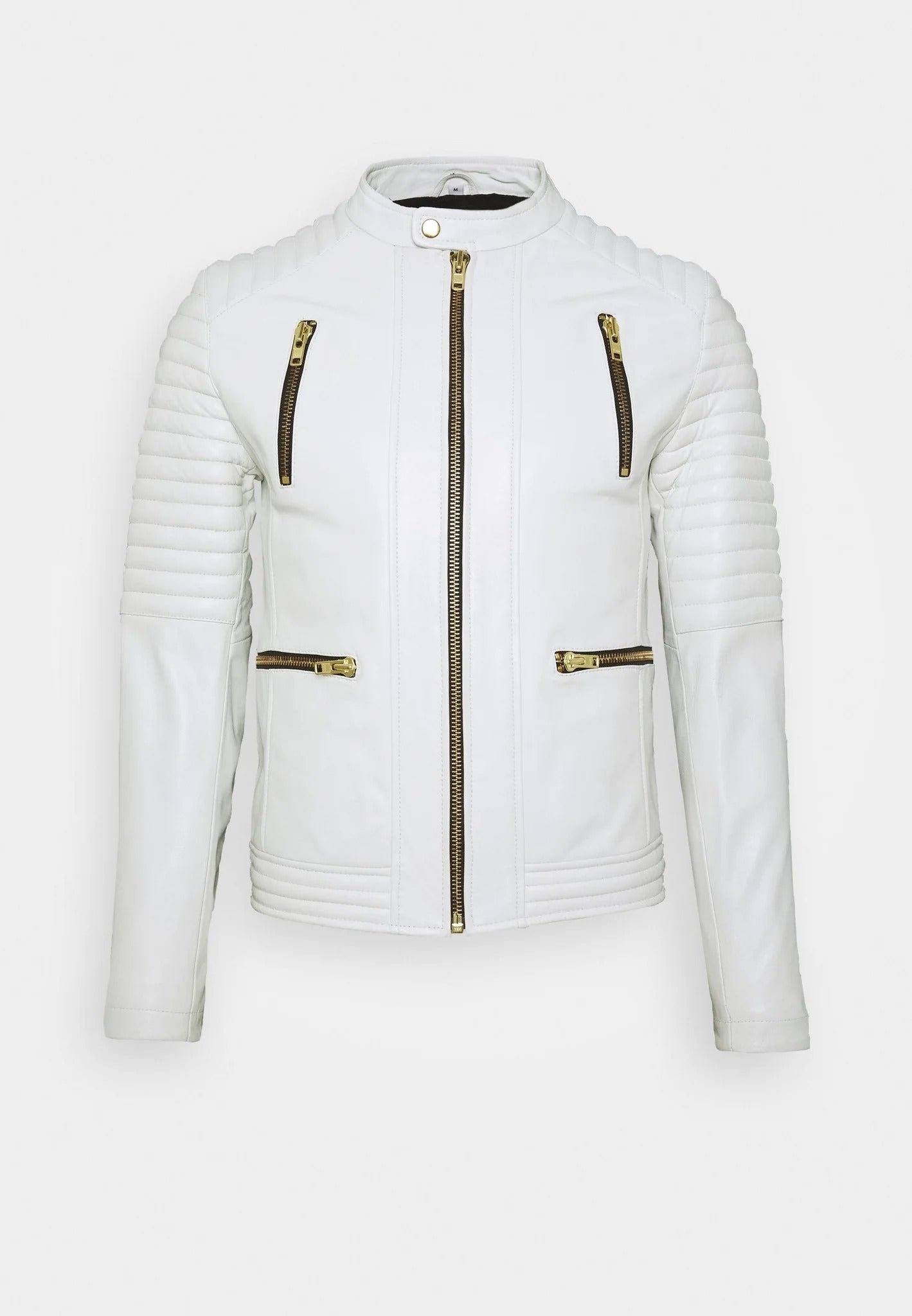 Men's White Leather Biker Jacket - Sleek and Stylish