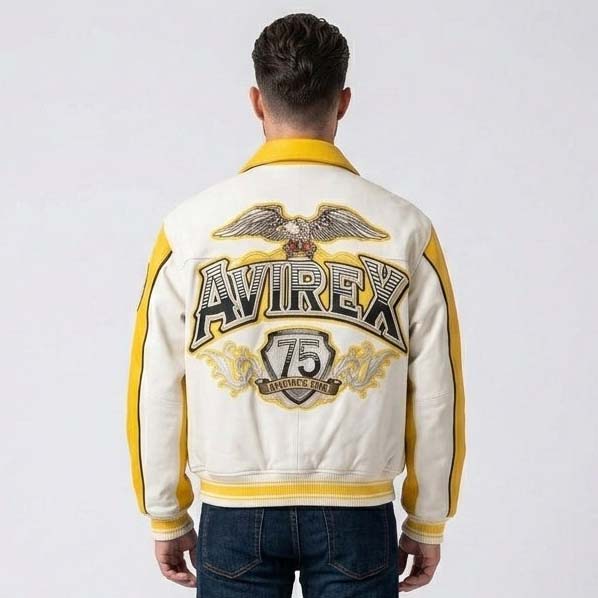 Men's Yellow and White Genuine Leather Varsity Jacket with Bomber Fit