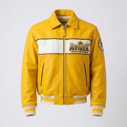 Men's Yellow and White Genuine Leather Varsity Jacket with Bomber Fit