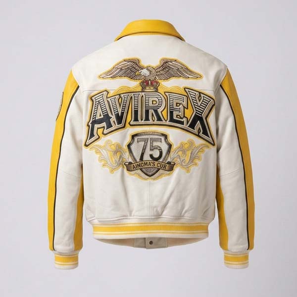 Men's Yellow and White Genuine Leather Varsity Jacket with Bomber Fit