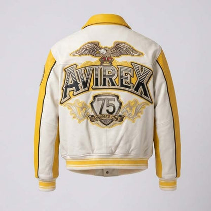 Men's Yellow and White Genuine Leather Varsity Jacket with Bomber Fit