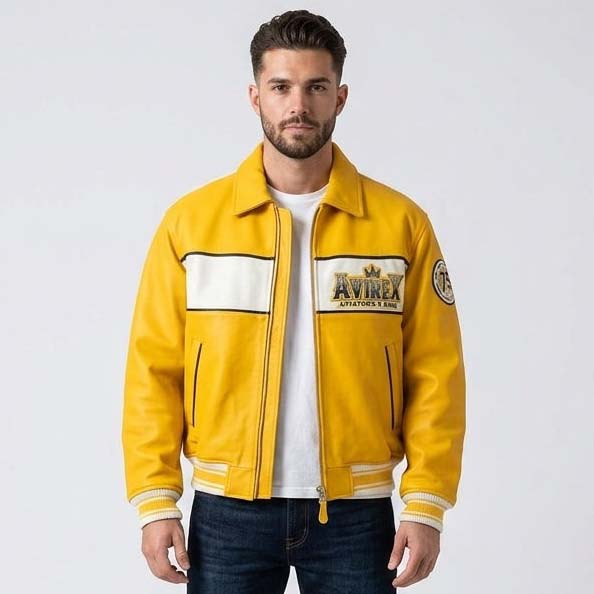 Men's Yellow and White Genuine Leather Varsity Jacket with Bomber Fit