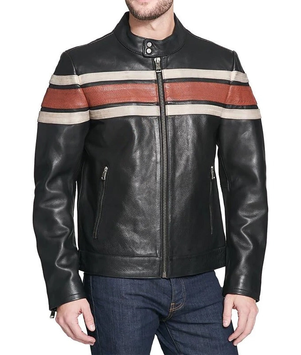 Men’s Agostini Distressed Striped Leather Racer Jacket