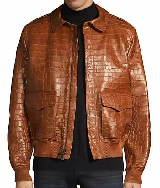 Men’s Alligator-Embossed Leather Bomber Jacket