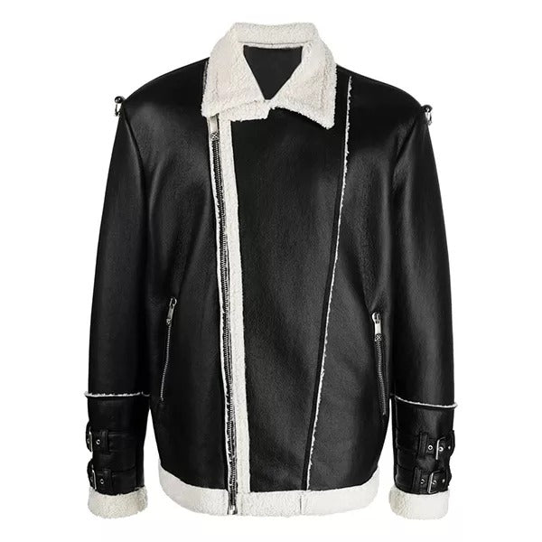 Men's Black Genuine Leather Shearling Jacket with Faux Shearling Trim