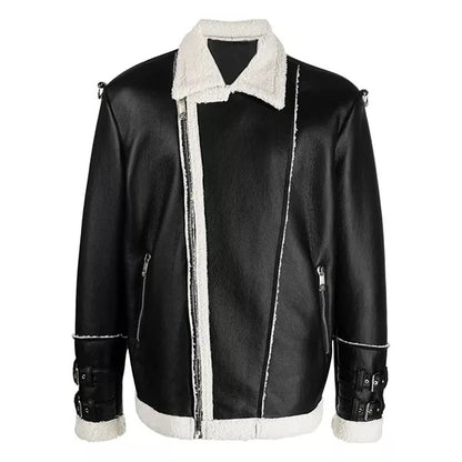 Men's Black Genuine Leather Shearling Jacket with Faux Shearling Trim