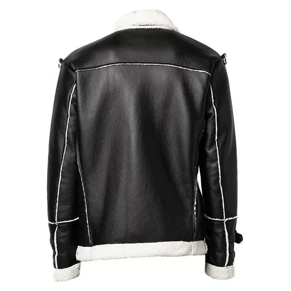 Men's Black Genuine Leather Shearling Jacket with Faux Shearling Trim
