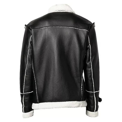 Men's Black Genuine Leather Shearling Jacket with Faux Shearling Trim