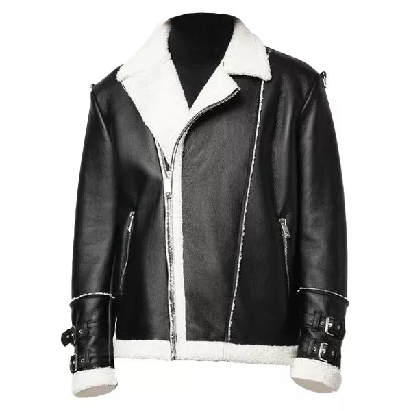 Men's Black Genuine Leather Shearling Jacket with Faux Shearling Trim