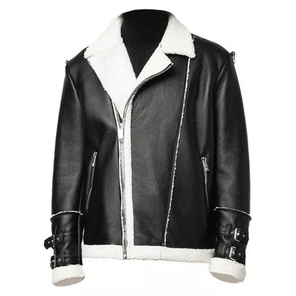 Men's Black Genuine Leather Shearling Jacket with Faux Shearling Trim