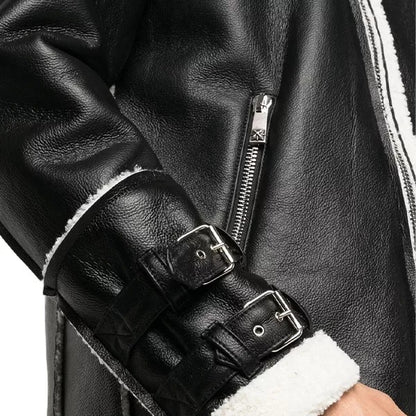 Men's Black Genuine Leather Shearling Jacket with Faux Shearling Trim
