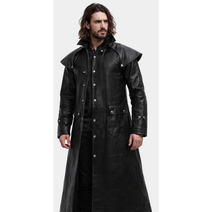 Men's Black Genuine Leather Trench Coat with Hood in Steampunk Gothic Style