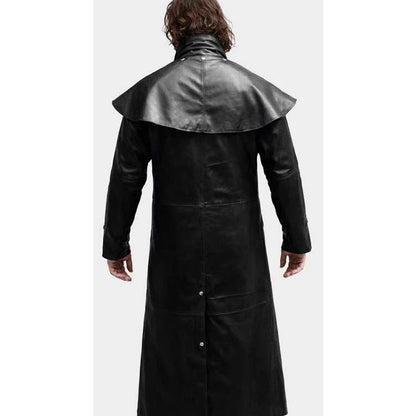 Men's Black Genuine Leather Trench Coat with Hood in Steampunk Gothic Style