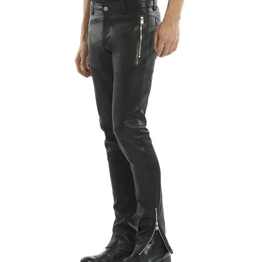 Men's Black Lambskin Leather Biker Pants with Ribbed Knee Design