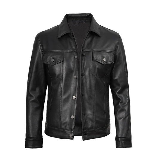 Men’s Black Lambskin Leather Trucker Jacket – Retro Western Style