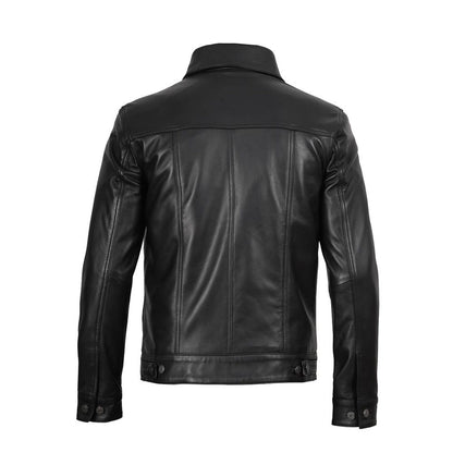 Men’s Black Lambskin Leather Trucker Jacket – Retro Western Style