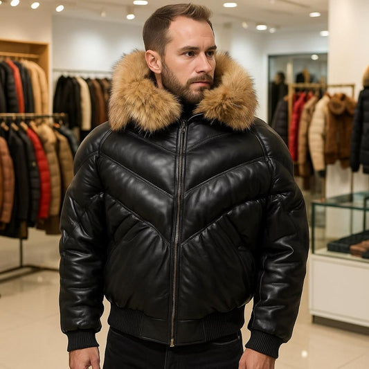 Men’s Black Leather Bomber Jacket – Faux Fur Collar Winter Puffer Coat