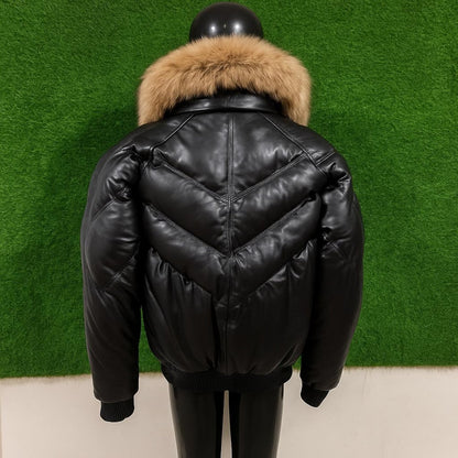 Men’s Black Leather Bomber Jacket – Faux Fur Collar Winter Puffer Coat