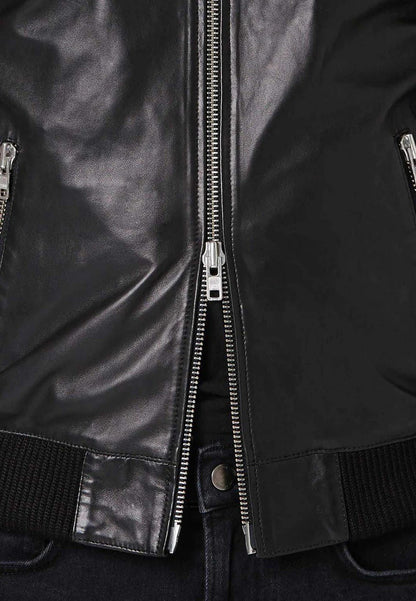 Men's Black Leather Bomber Jacket with Double Zipper - Classic Style