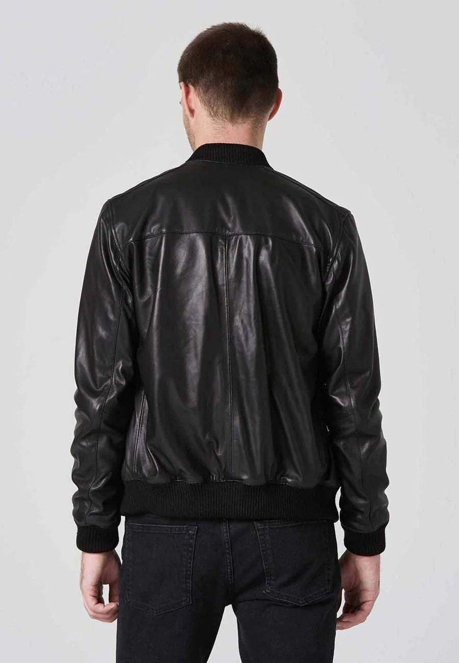 Men's Black Leather Bomber Jacket with Double Zipper Back View - Classic Style