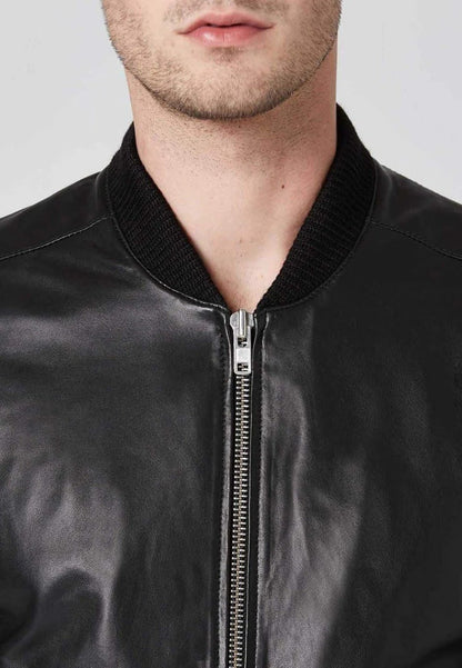 Men's Black Leather Bomber Jacket with Double Zipper Front Closeup- Classic Style