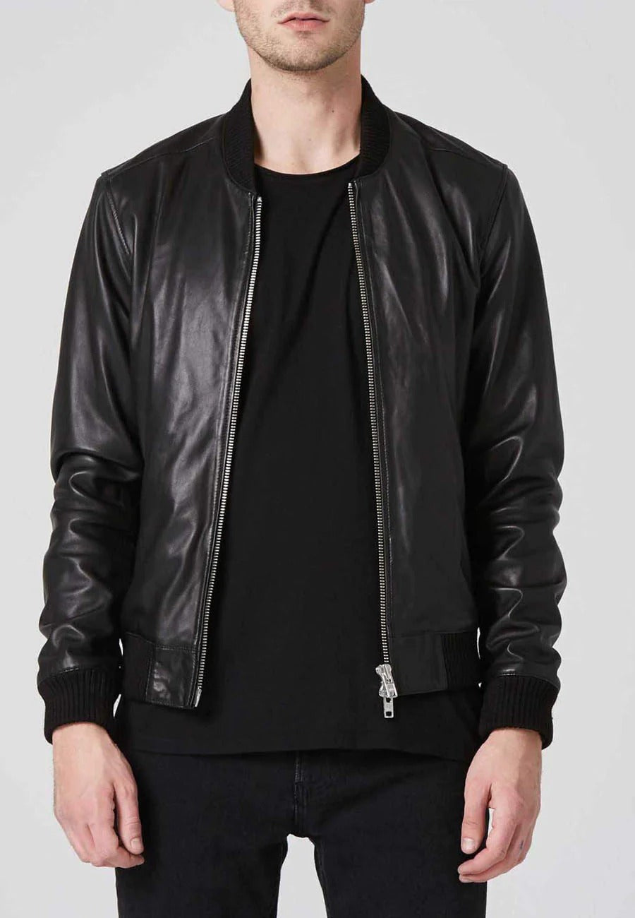 Men's Black Leather Bomber Jacket with Double Zipper Front View -Classic Style