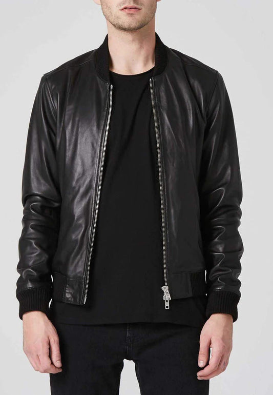 Men's Black Leather Bomber Jacket with Double Zipper Front View -Classic Style