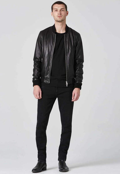Men's Black Leather Bomber Jacket with Double Zipper Front Full View - Classic Style
