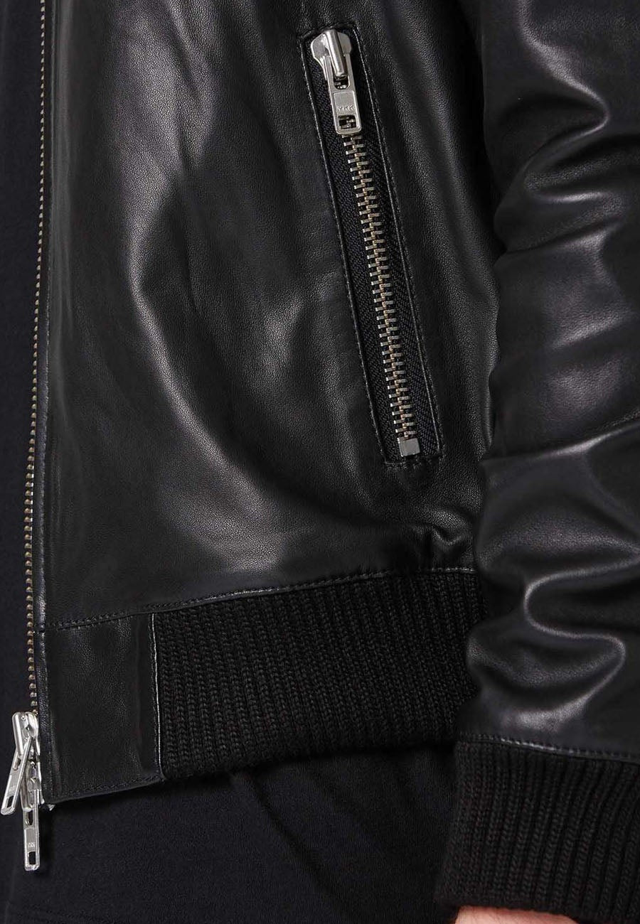 Men's Black Leather Bomber Jacket with Double Zipper Pocket Style - Classic Style