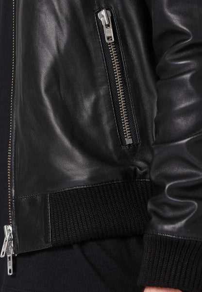 Men's Black Leather Bomber Jacket with Double Zipper Pocket Style - Classic Style
