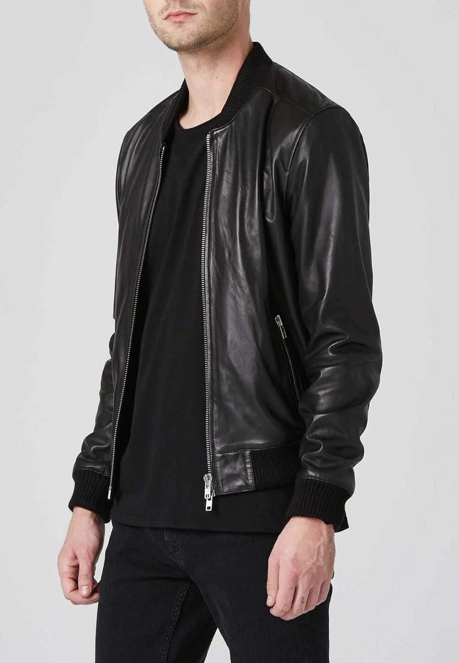 Men's Black Leather Bomber Jacket with Double Zipper Side View - Classic Style 