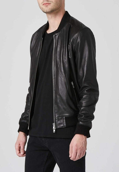 Men's Black Leather Bomber Jacket with Double Zipper Side View - Classic Style 