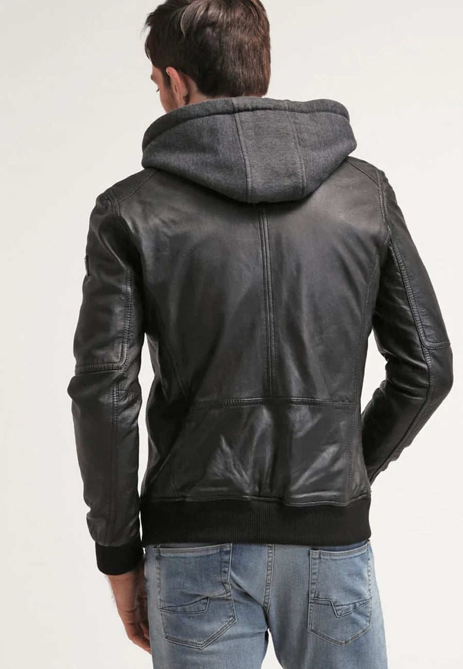 Men's Black Leather Hooded Bomber Jacket Back View - Style and Comfort