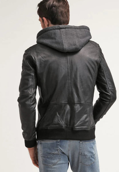 Men's Black Leather Hooded Bomber Jacket Back View - Style and Comfort
