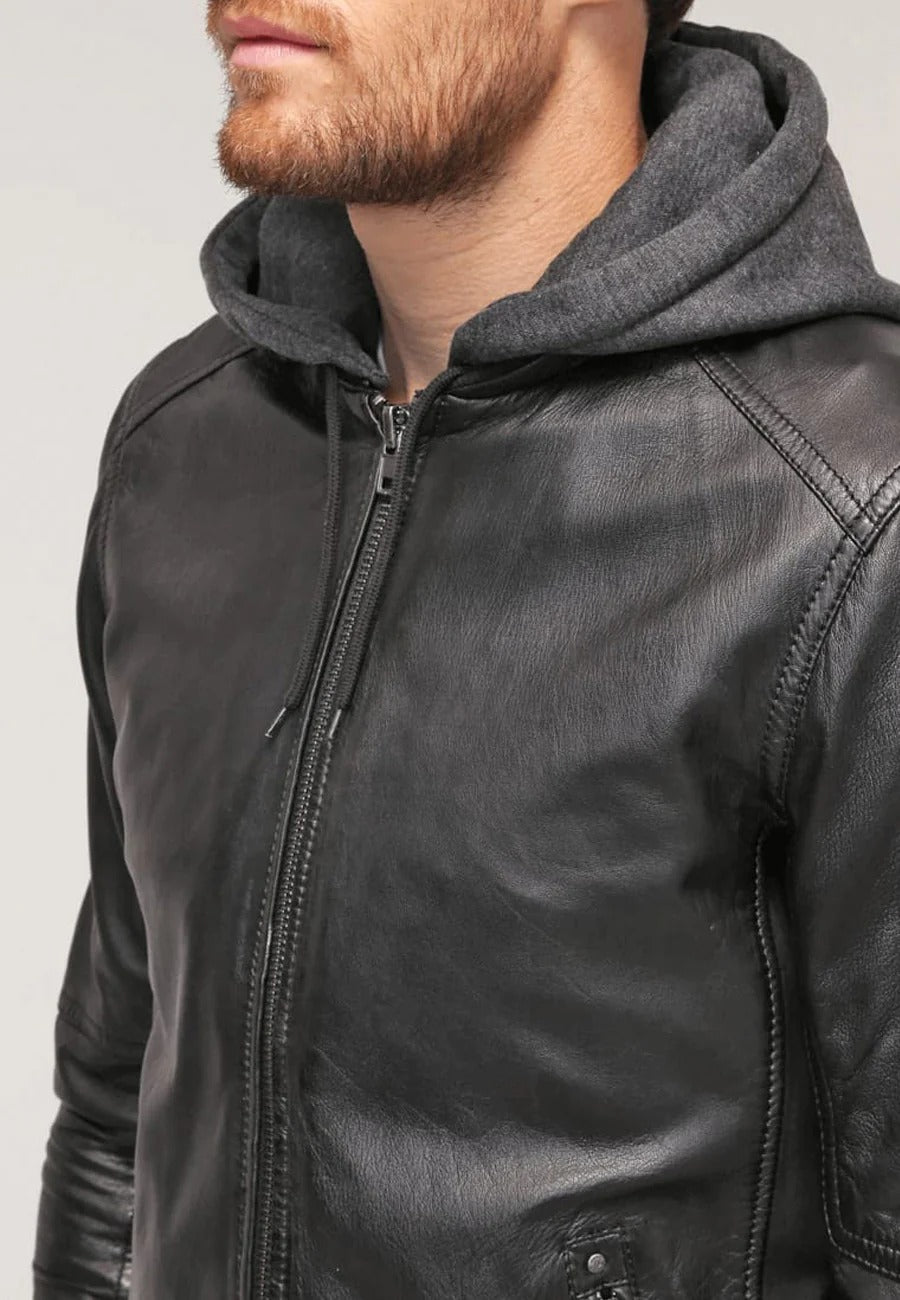 Men's Black Leather Hooded Bomber Jacket Closeup View - Style and Comfort