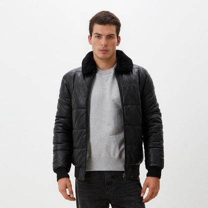 Men’s Black Leather Jacket – Real Fur Collar Quilted Sheepskin Winter Outerwear