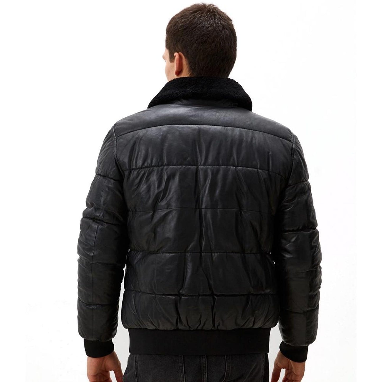Men’s Black Leather Jacket – Real Fur Collar Quilted Sheepskin Winter Outerwear