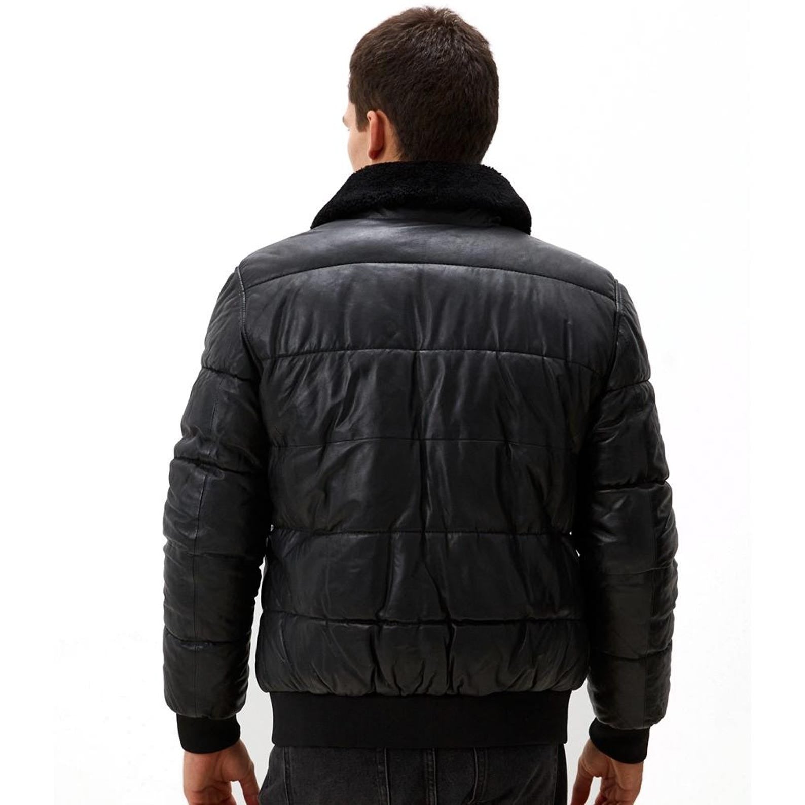 Men’s Black Leather Jacket – Real Fur Collar Quilted Sheepskin Winter Outerwear