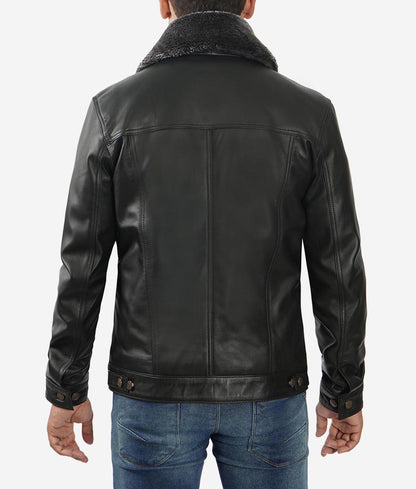Men’s Black Shearling Lined Leather Trucker Jacket