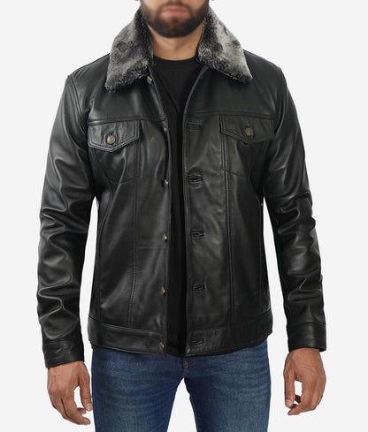 Men’s Black Shearling Lined Leather Trucker Jacket