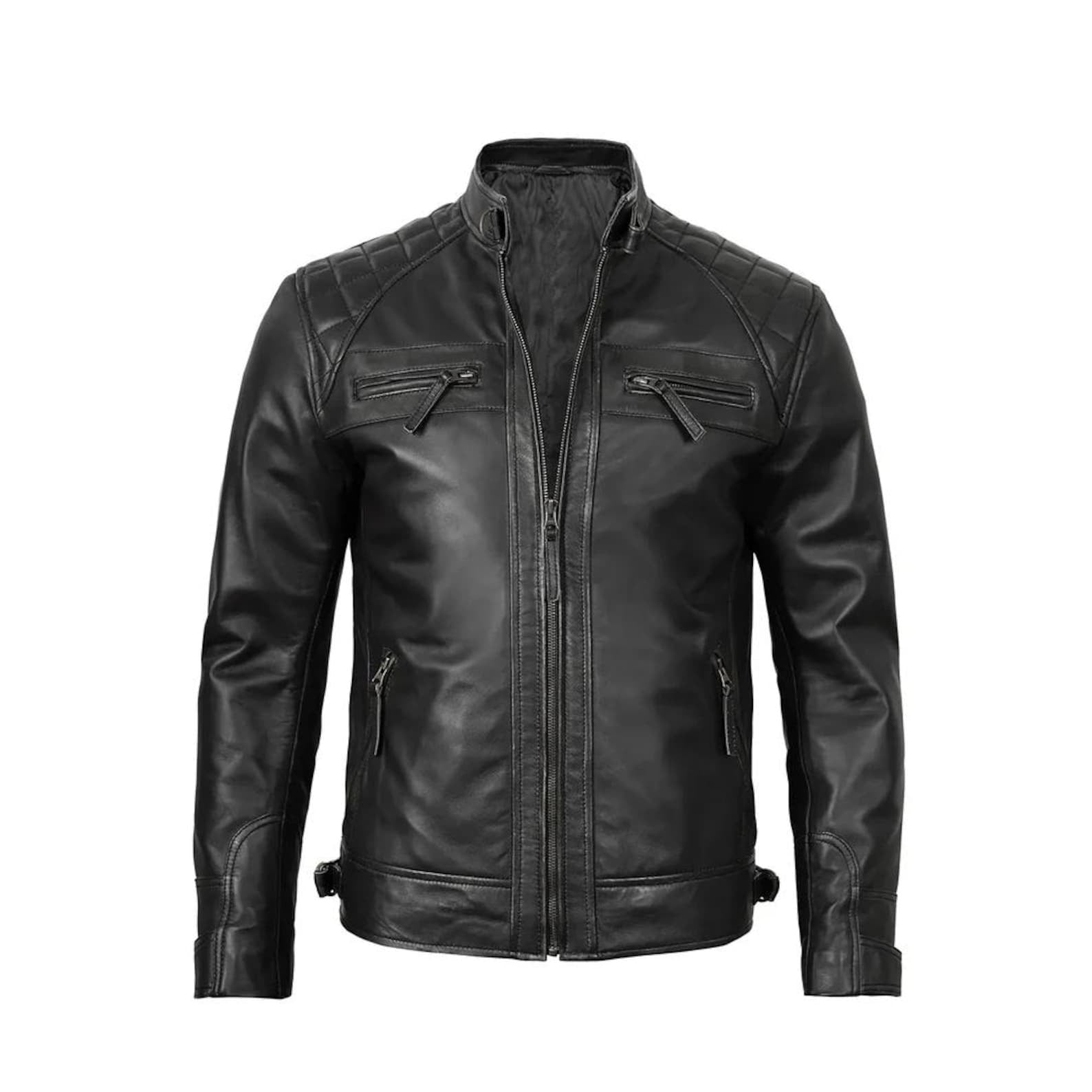 Men’s Black Sheepskin Leather Café Racer Biker Jacket – Handmade Western Outerwear