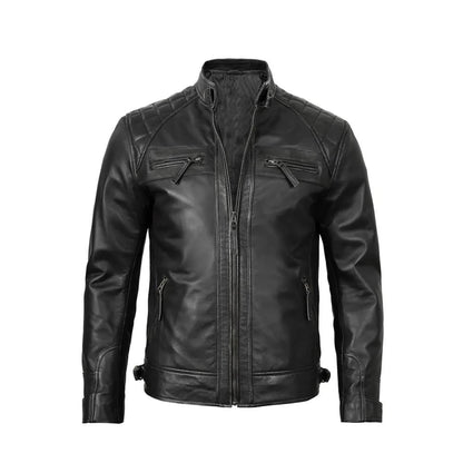 Men’s Black Sheepskin Leather Café Racer Biker Jacket – Handmade Western Outerwear