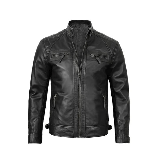 Men’s Black Sheepskin Leather Café Racer Biker Jacket – Handmade Western Outerwear