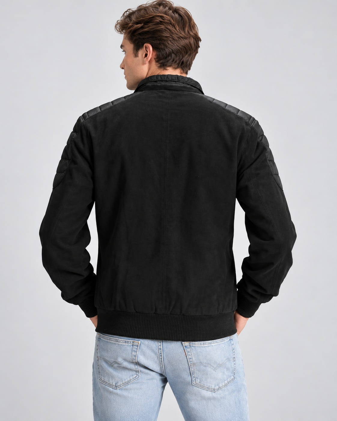 Back view of Men's Black Suede Leather Zip Up Jacket