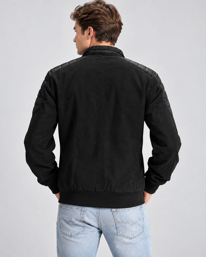 Back view of Men's Black Suede Leather Zip Up Jacket