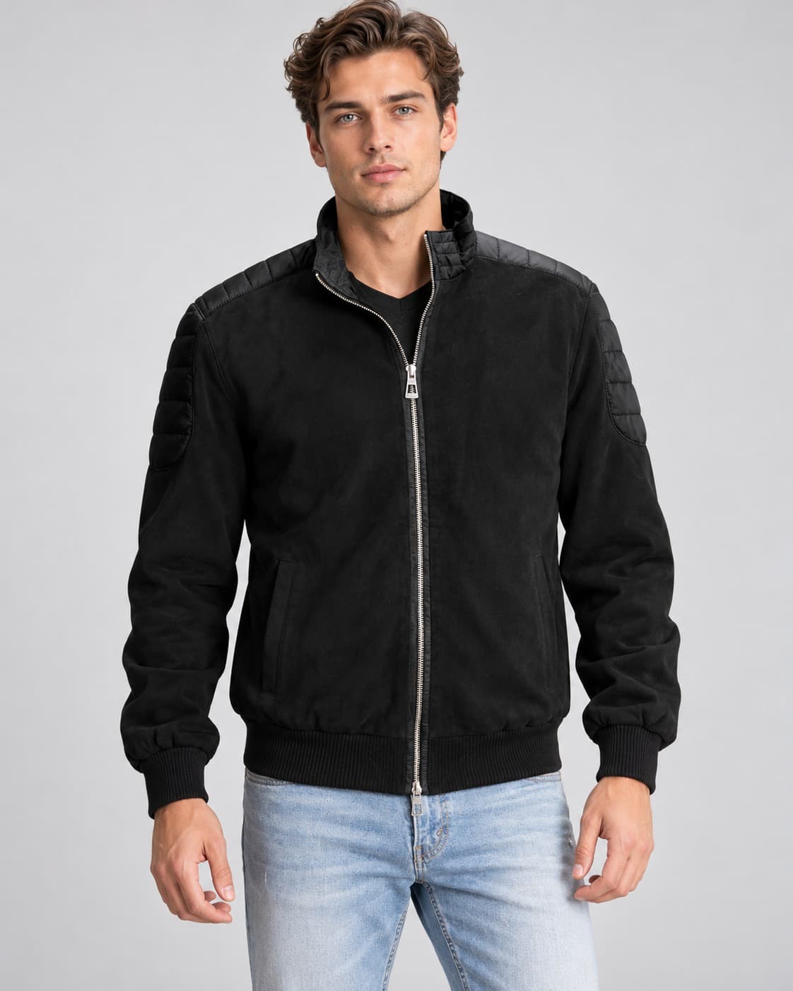 Front view of Men's Black Suede Leather Zip Up Jacket