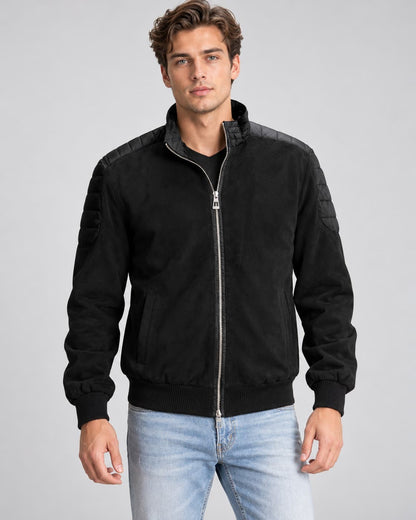 Front view of Men's Black Suede Leather Zip Up Jacket