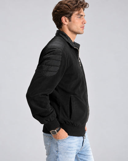 Side view of Men's Black Suede Leather Zip Up Jacket
