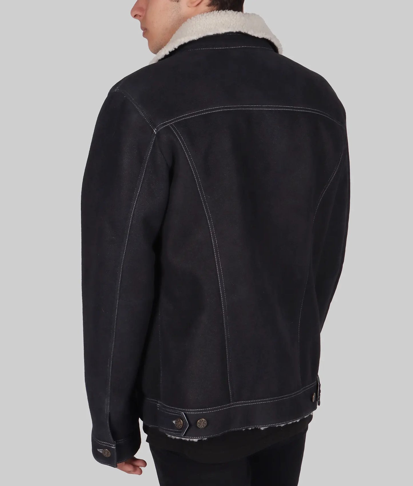 Men’s Blue Shearling Lined Leather Trucker Jacket