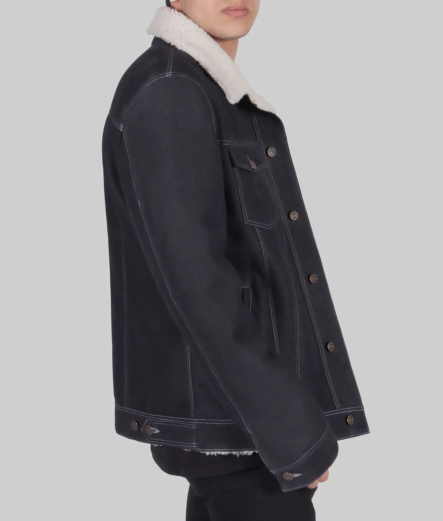 Men’s Blue Shearling Lined Leather Trucker Jacket